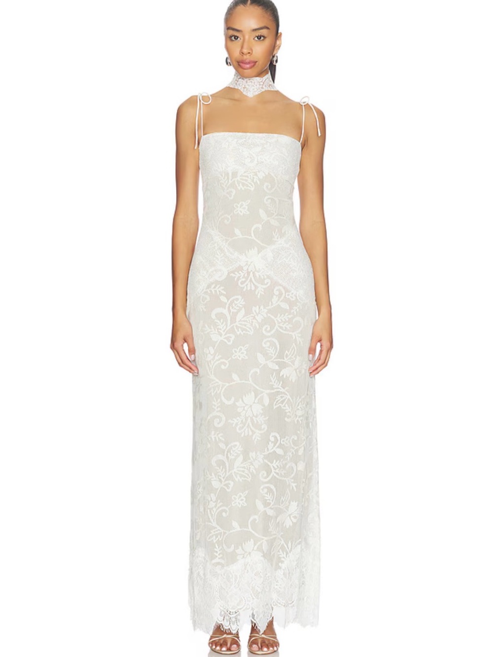 Strap Tie White Lace Maxi Dress with Lace Choker